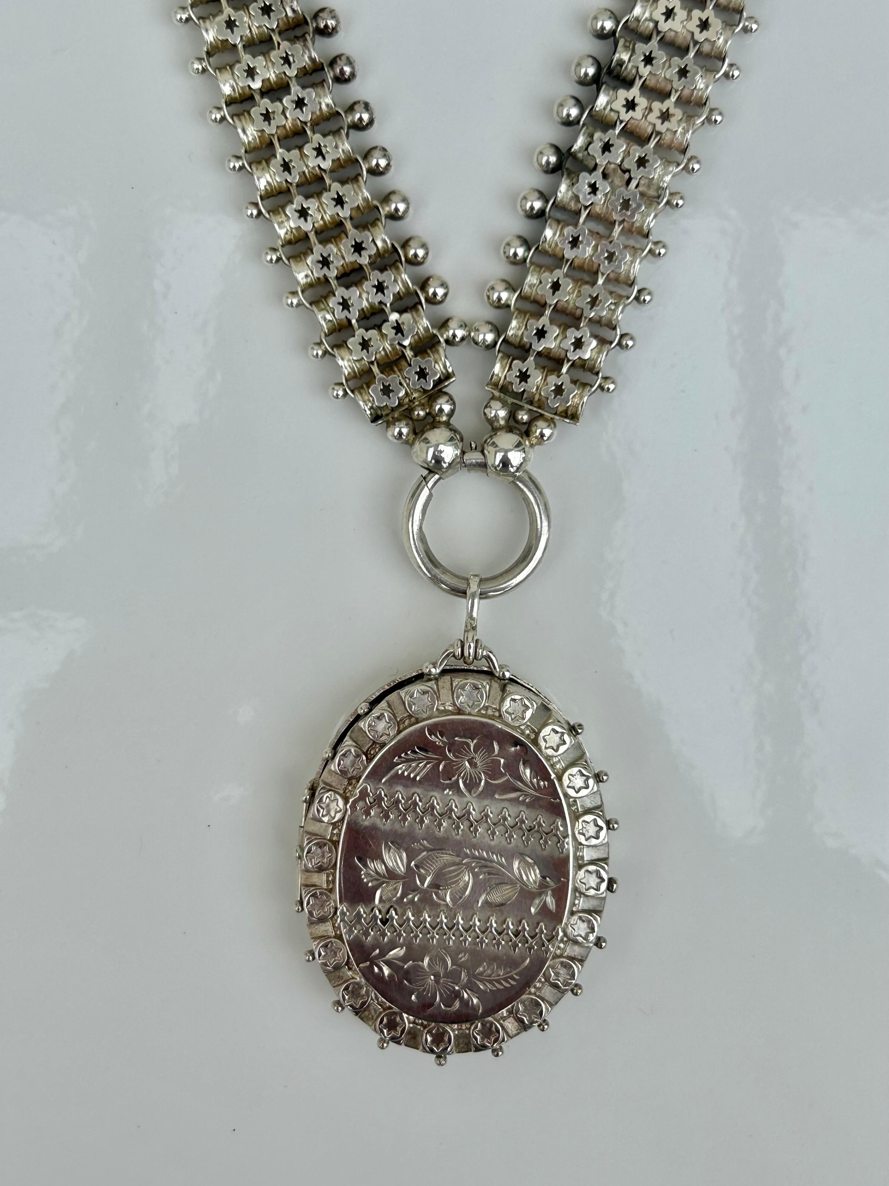 Outstanding Victorian circa 1887 Silver Collar with Locket Necklace For Sale 5