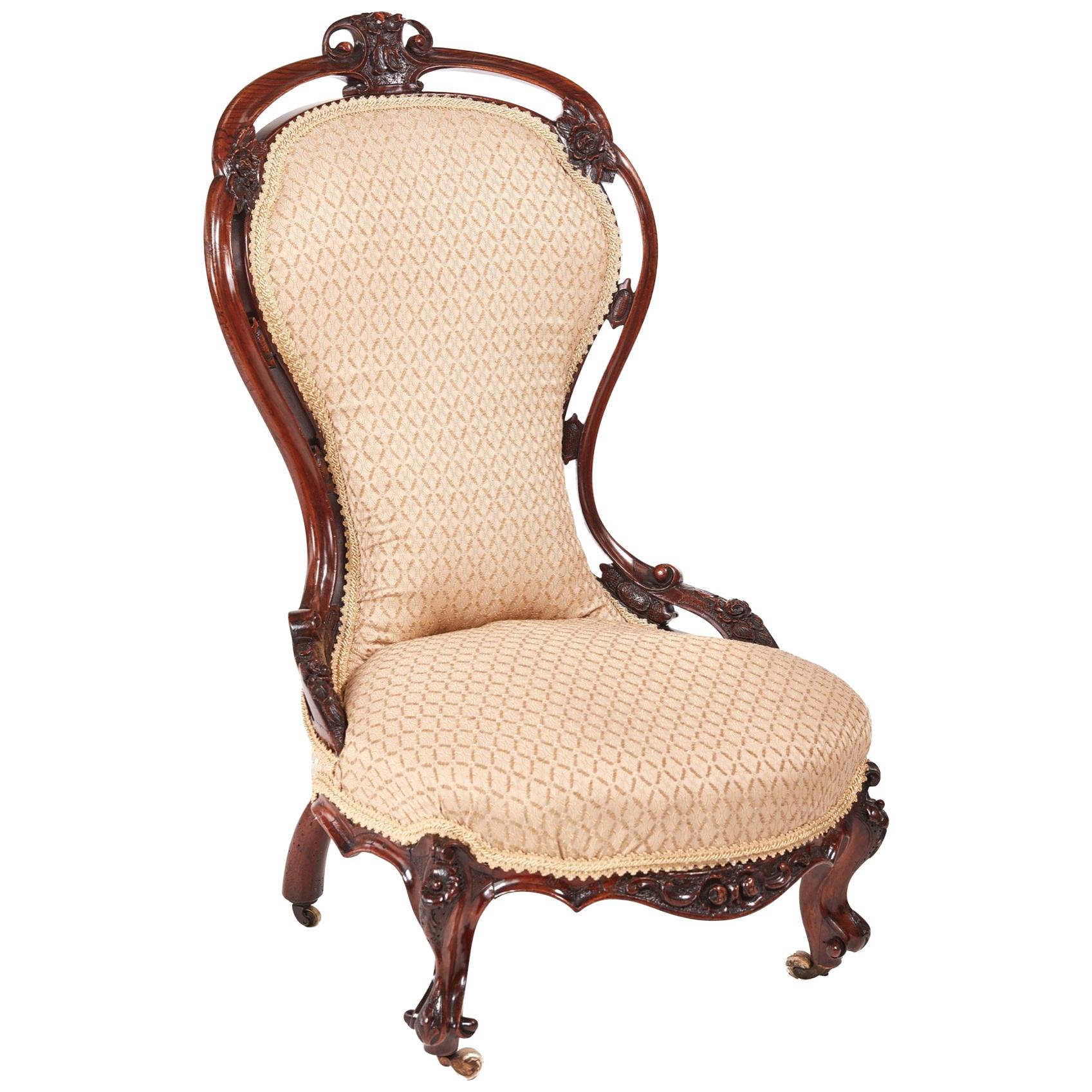 Outstanding Victorian Carved Walnut Ladies Chair For Sale
