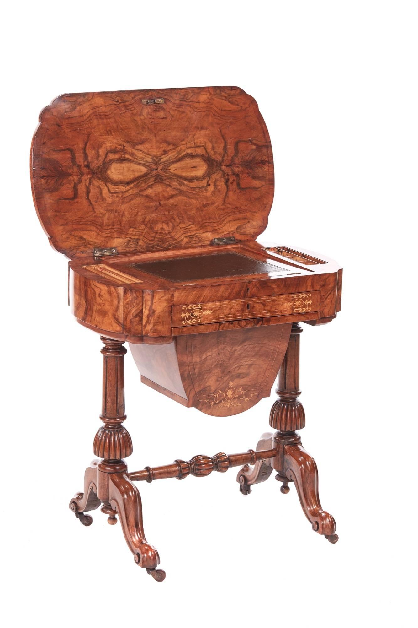 Outstanding Victorian freestanding inlaid burr walnut writing / sewing table, having a lovely burr walnut lift up top with satinwood inlay, inside is a fitted writing slope, one frieze fitted drawer with satinwood inlay, one sliding burr walnut