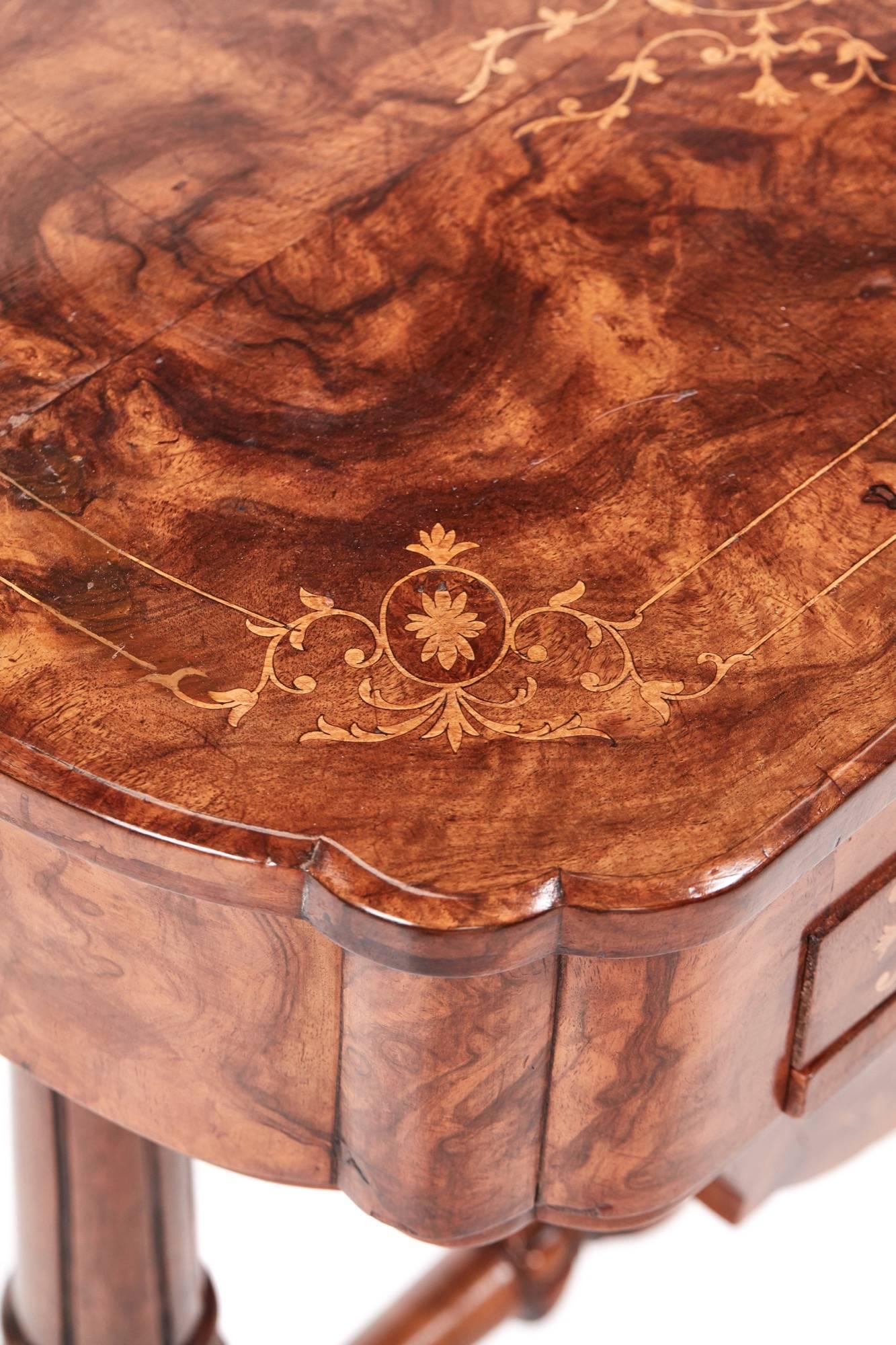 19th Century Outstanding Victorian Freestanding Inlaid Burr Walnut Writing or Sewing Table For Sale