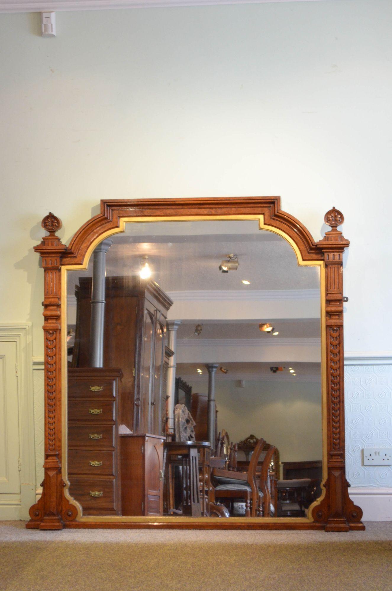 Sn5452 Superb Victorian pollard oak overmantel or wall mirror, having original glass with minor imperfections in pollard oak frame with decorative gilded moulding to the inner edge, shaped scrolls to the base, carved pilasters and finely carved