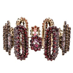 Outstanding Vintage Garnet and Gilt Hinged Wide Flexible Bracelet