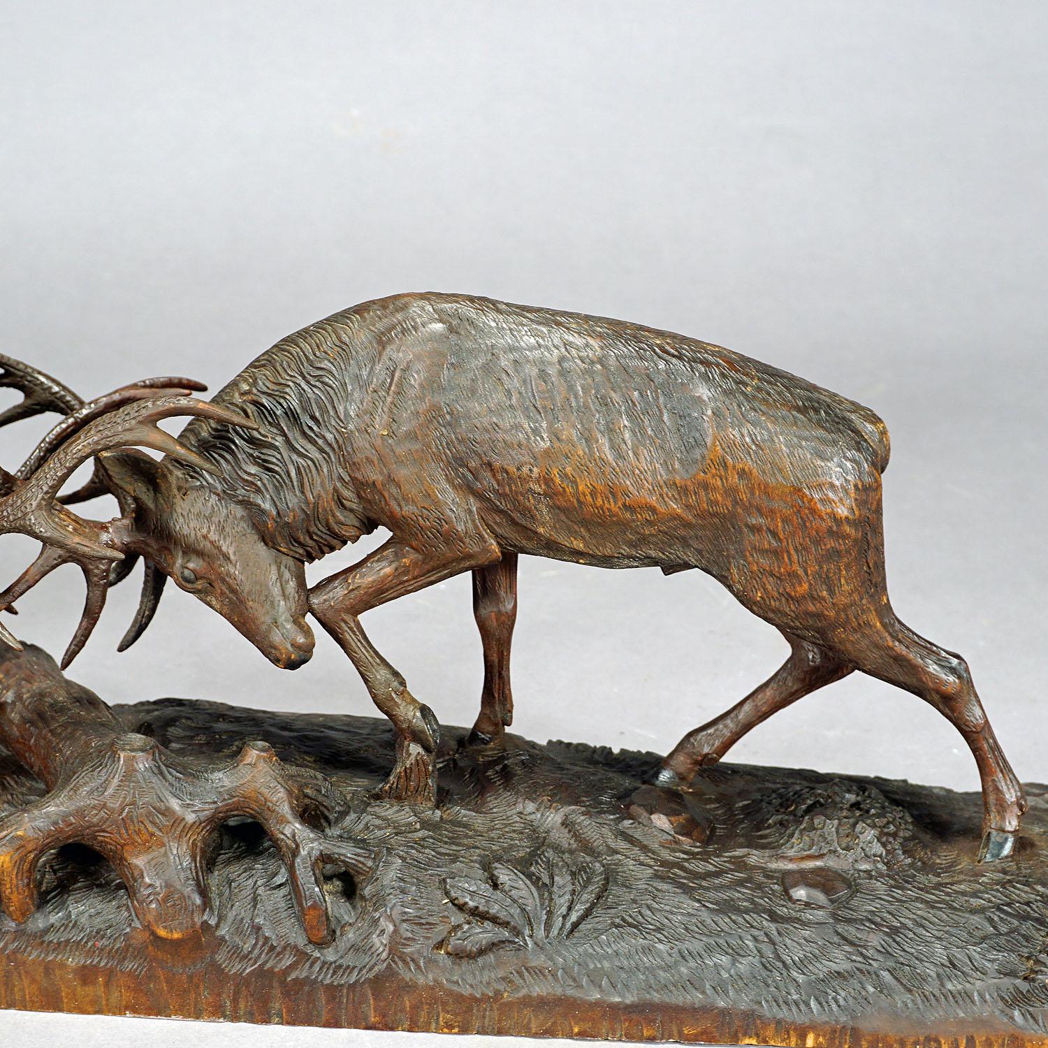 Outstanding Wooden Carved Fighting Stags by K. Bach, 1946 In Good Condition For Sale In Berghuelen, DE