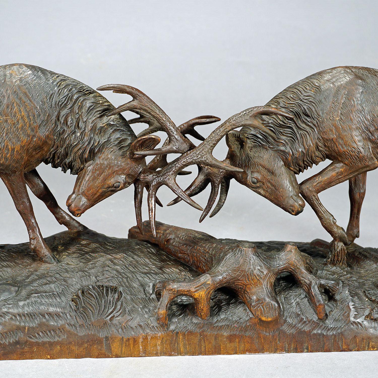 Outstanding Wooden Carved Fighting Stags by K. Bach, 1946 For Sale 1