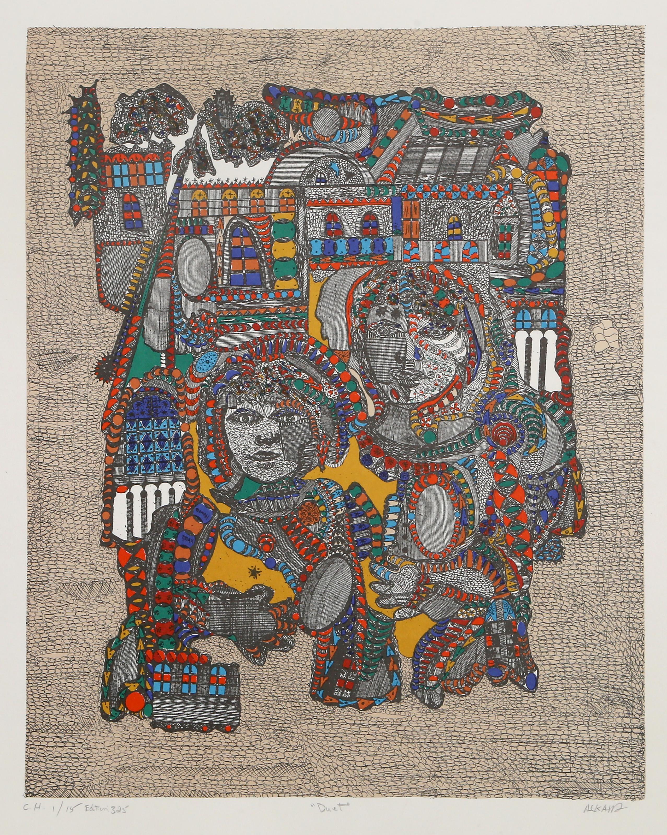 Ovadia Alkara, Israeli (1939 - ) - Duet, Year:  circa 1980, Medium:  Lithograph, signed, titled and numbered in pencil, Edition:  CH 1/15, 325, Image Size:  20 x 16 inches, Size:  26 x 19 in. (66.04 x 48.26 cm)