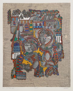 Duet, Folk Art Lithograph by Ovadia Alkara