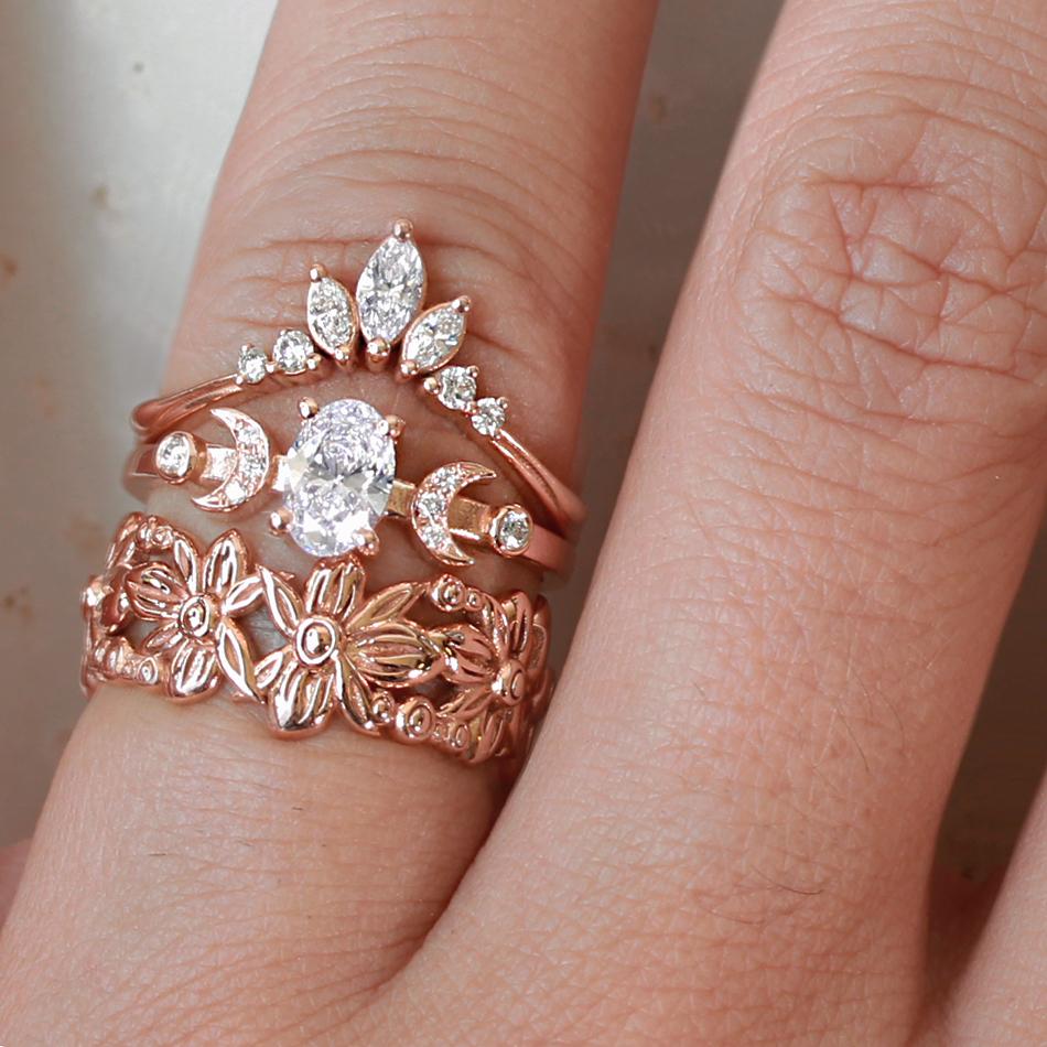 Women's Oval 0.50 Carat Moissanite Celestial Two Moons Unique Engagement Ring For Sale