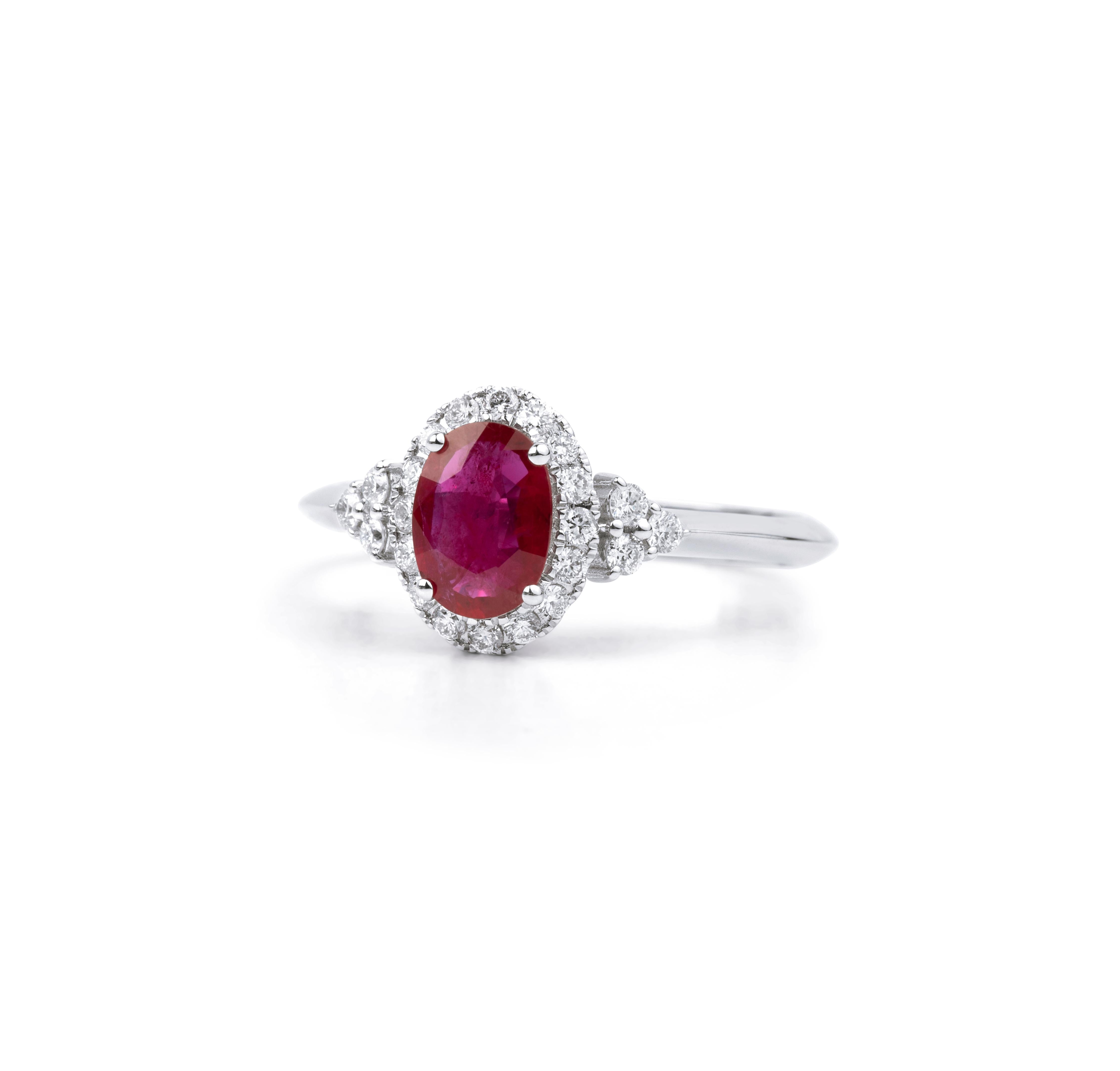 Oval Ruby Diamond Tapper Baguette Round Cut Double Halo Engagement Ring

Available in 18k white gold.

Same design can be made also with other custom gemstones per request.

Product details:

- Solid gold

- Diamond - approx. 0.24 carat

- Ruby -