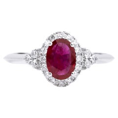 Used Oval 0.7 Carat Red Ruby Diamond Round Cut Halo Engagement Ring, Art Deco Ring