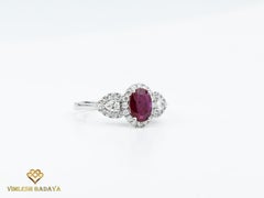 0.7ct Natural Oval Ruby & Diamond Three-Stone Halo Engagement Ring – 18K Gold