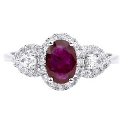 Oval 0.7 Carat Red Ruby Diamond Baguette Round Cut Halo Engagement Ring