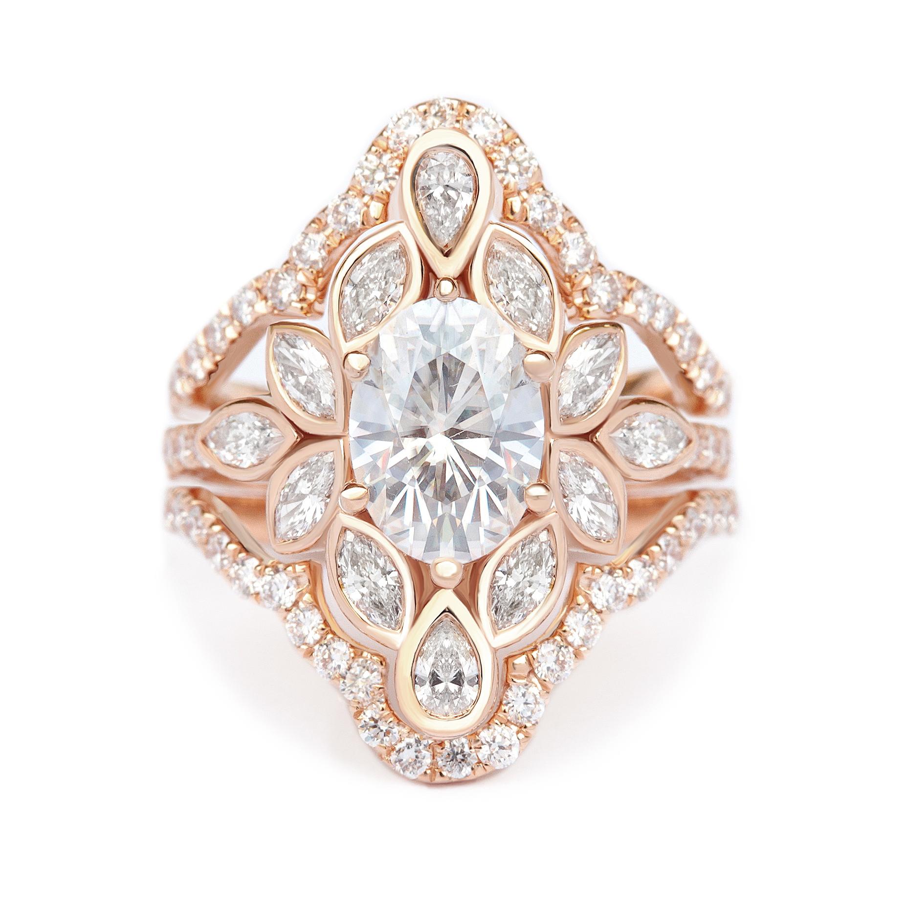 Ovaler 1,0 Karat Moissanit-Blumen-Verlobungsring mit Diamant-Ring Guard Lily #6 (Art déco) im Angebot