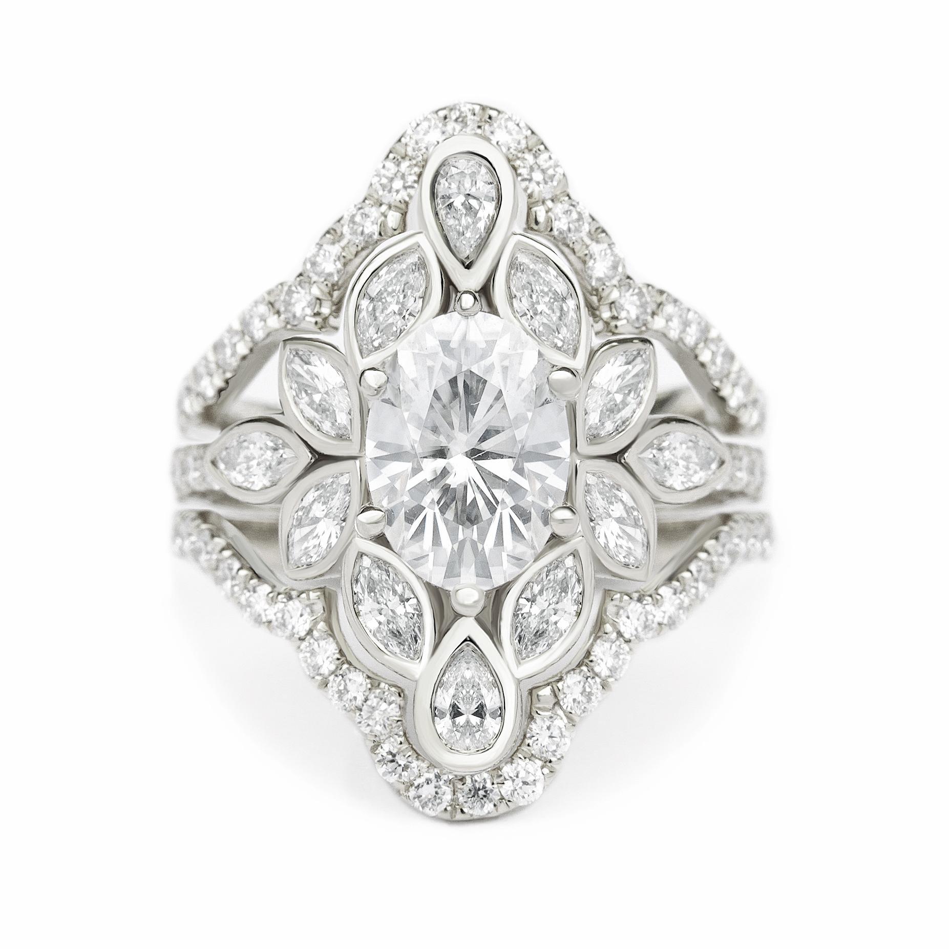 Ovaler 1,0 Karat Moissanit-Blumen-Verlobungsring mit Diamant-Ring Guard Lily #6 (Ovalschliff) im Angebot