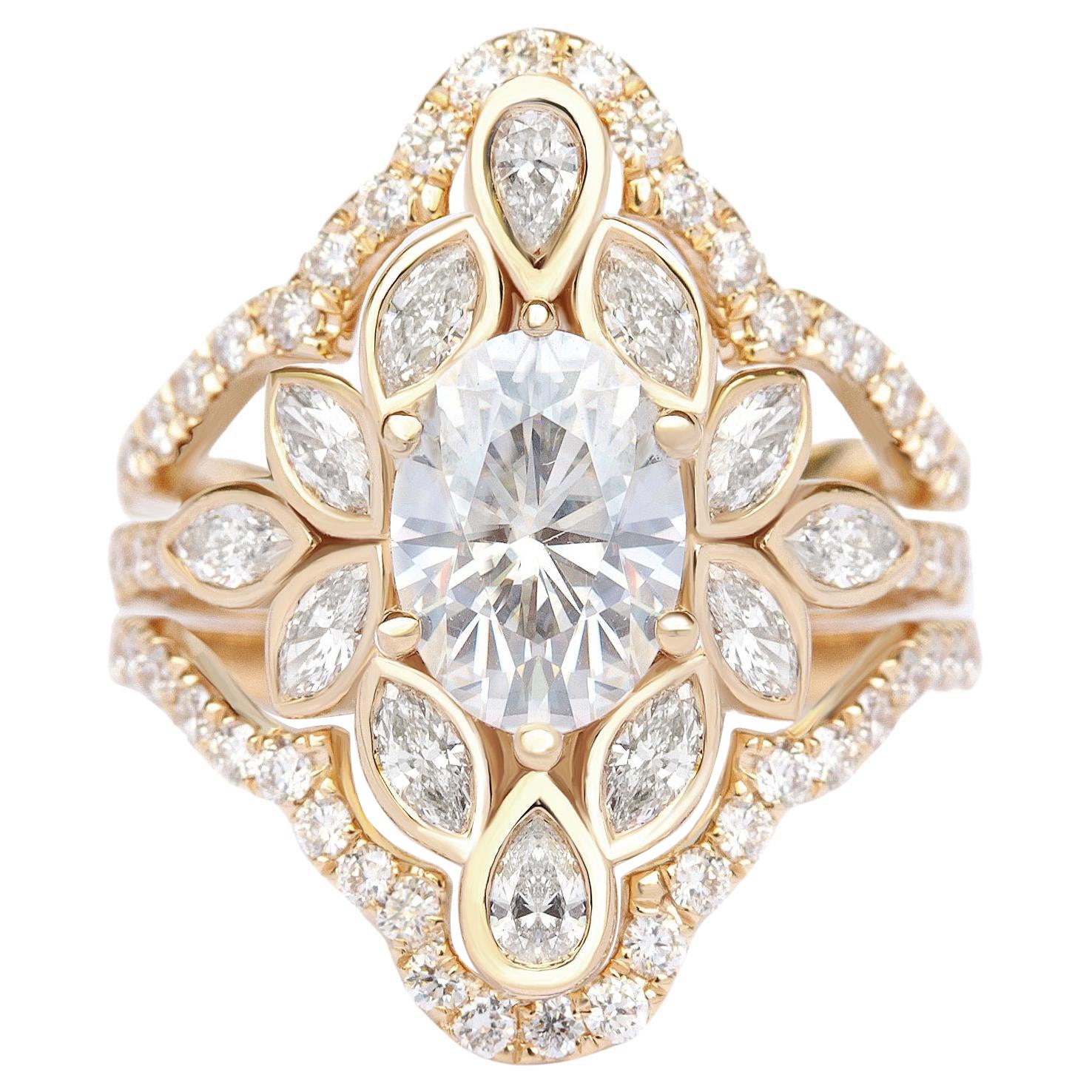 Anillo de compromiso ovalado de flor de moissanita de 1,0 quilates con diamante Guardián del anillo Lily #6 en venta