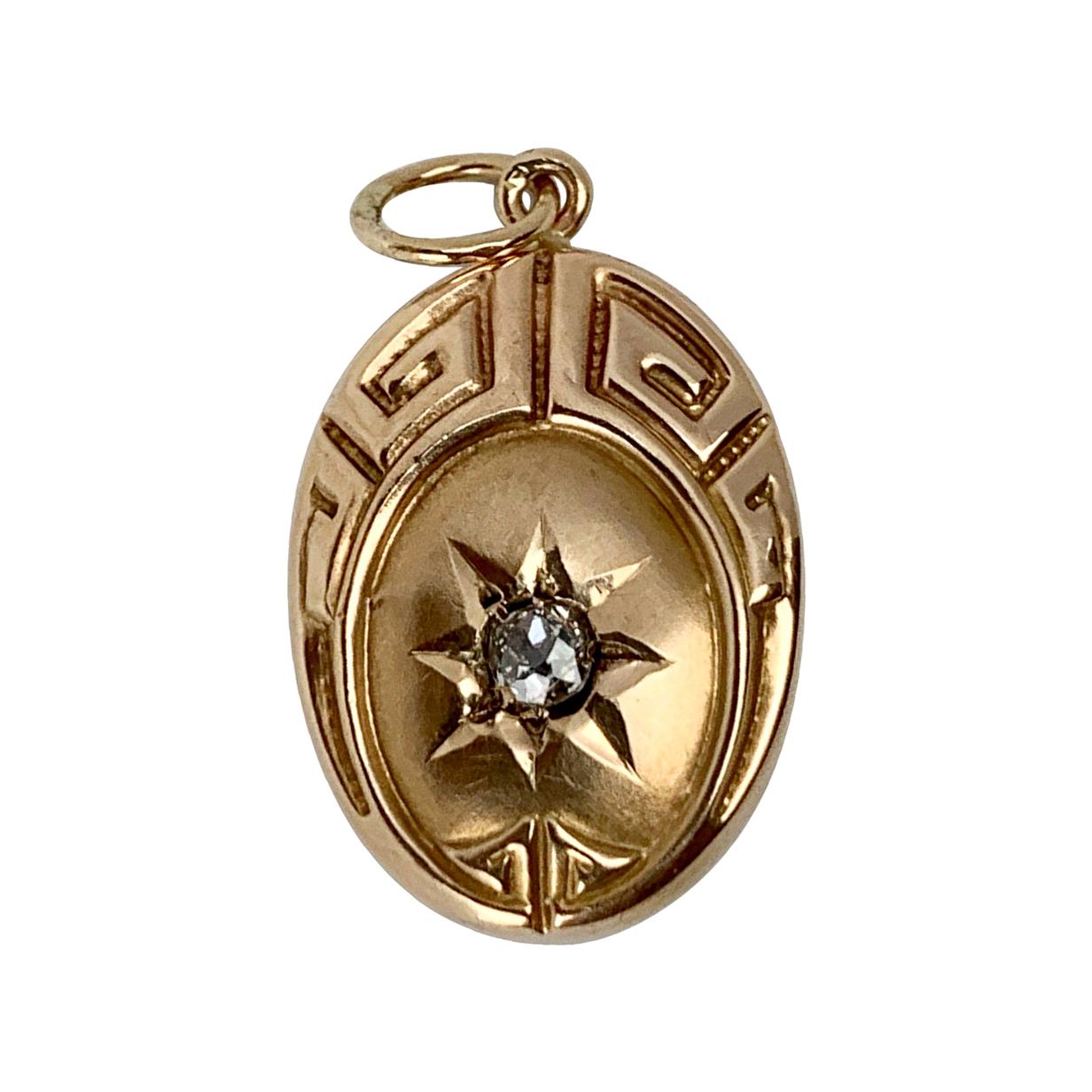  Pendant of Oval Shape with Greek Key Motif & Diamond set in 10K Yellow Gold 