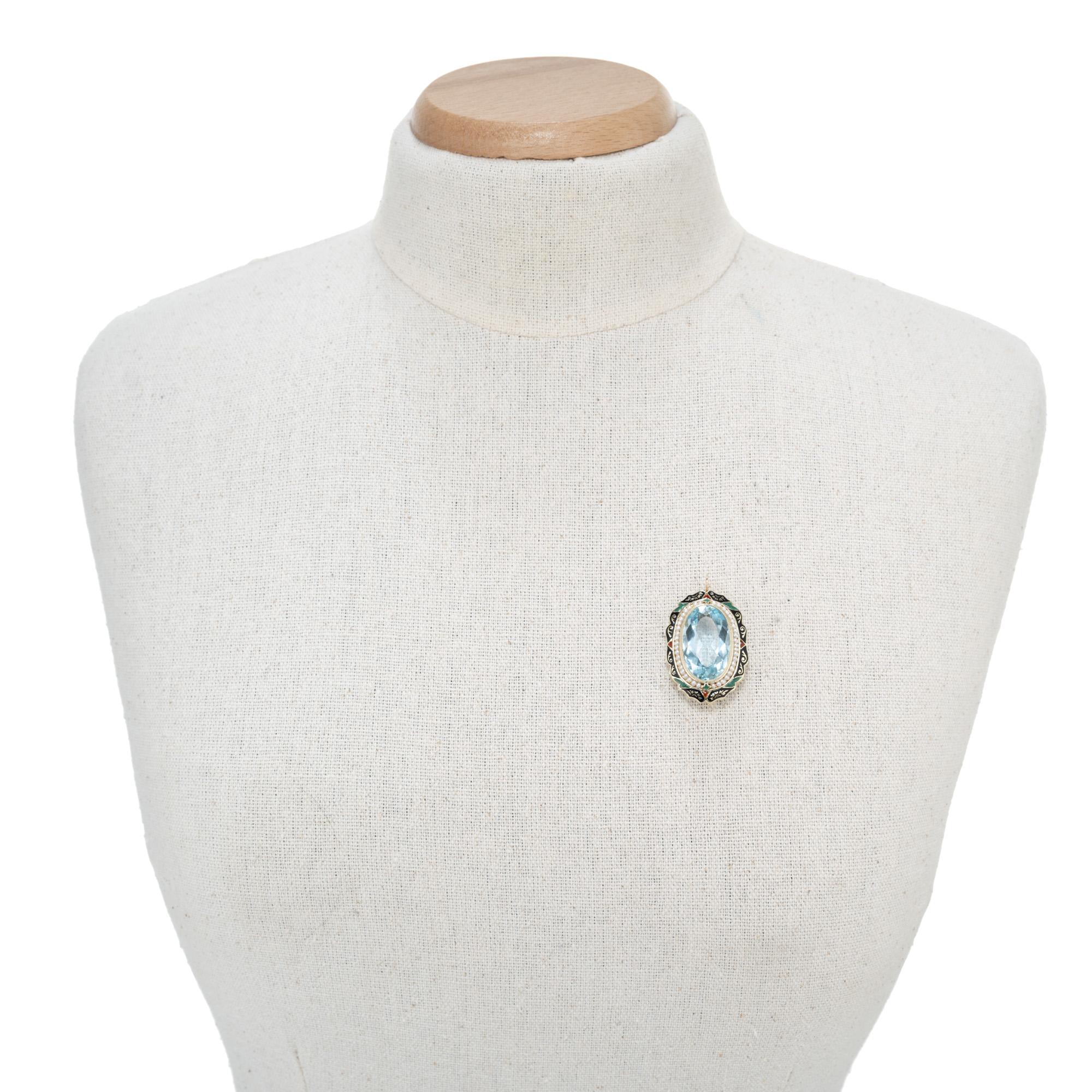 Oval 11.35 Carat Aqua Pearl Halo Enamel Gold Art Deco Brooch Pendant Necklace For Sale 1