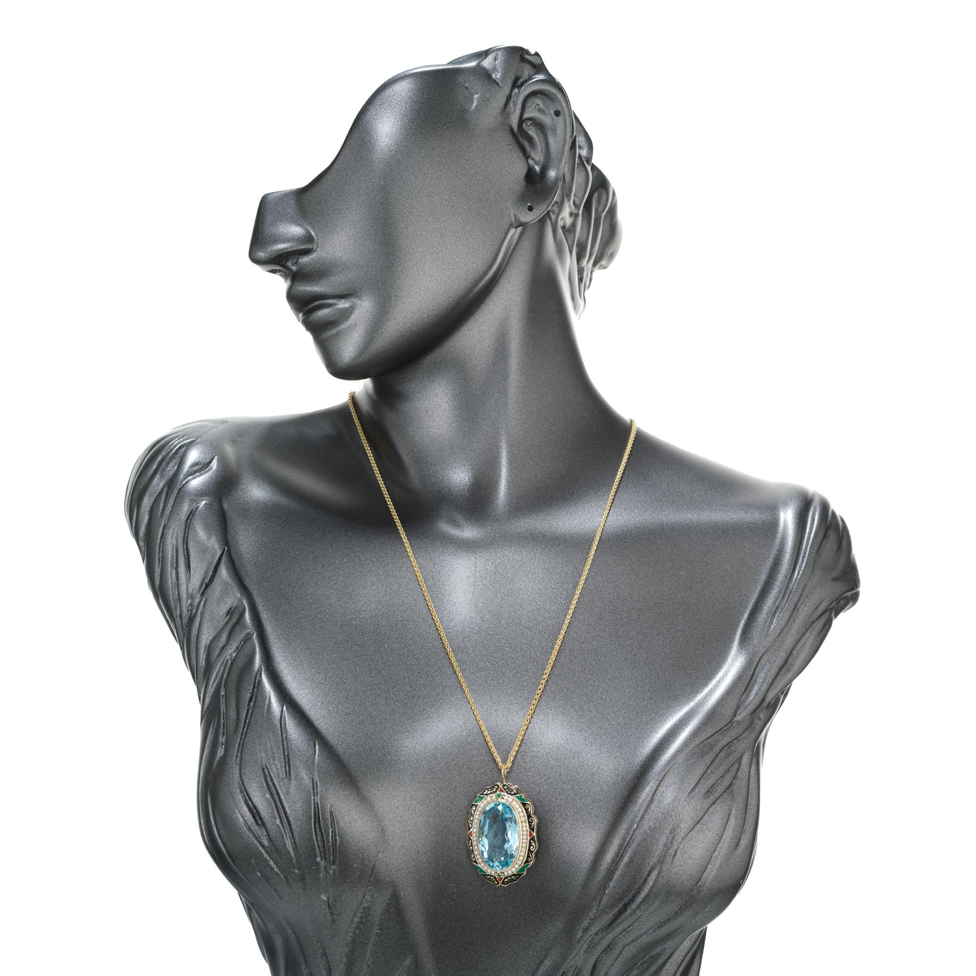 Oval 11.35 Carat Aqua Pearl Halo Enamel Gold Art Deco Brooch Pendant Necklace For Sale 2
