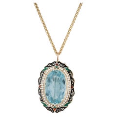 Oval 11,35 Karat Aqua Perle Halo Emaille Gold Art Deco Brosche Anhänger Halskette