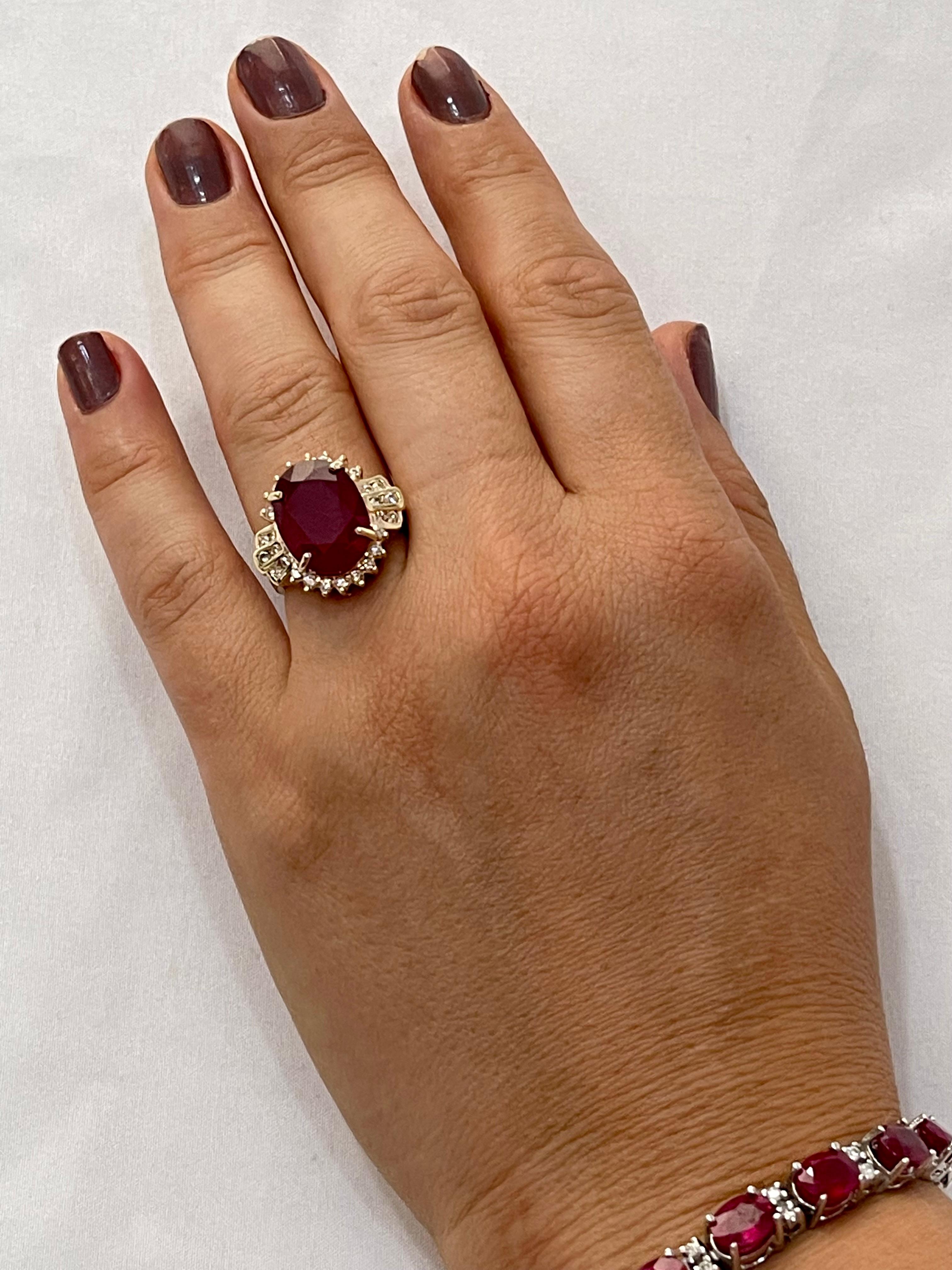 Anillo ovalado de oro amarillo de 14 quilates con rubí tratado de 12 quilates y diamante de 1 quilate en venta 7