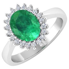 Oval 1.20 Carat Natural Zambian Emerald & Diamond Halo 14k White Gold Ring