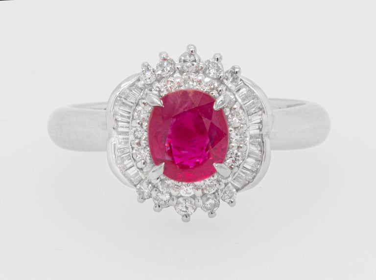 Contemporary Ruby 1.23 Carat Ring Set in Diamond Setting 0.36 Carats Platinum For Sale