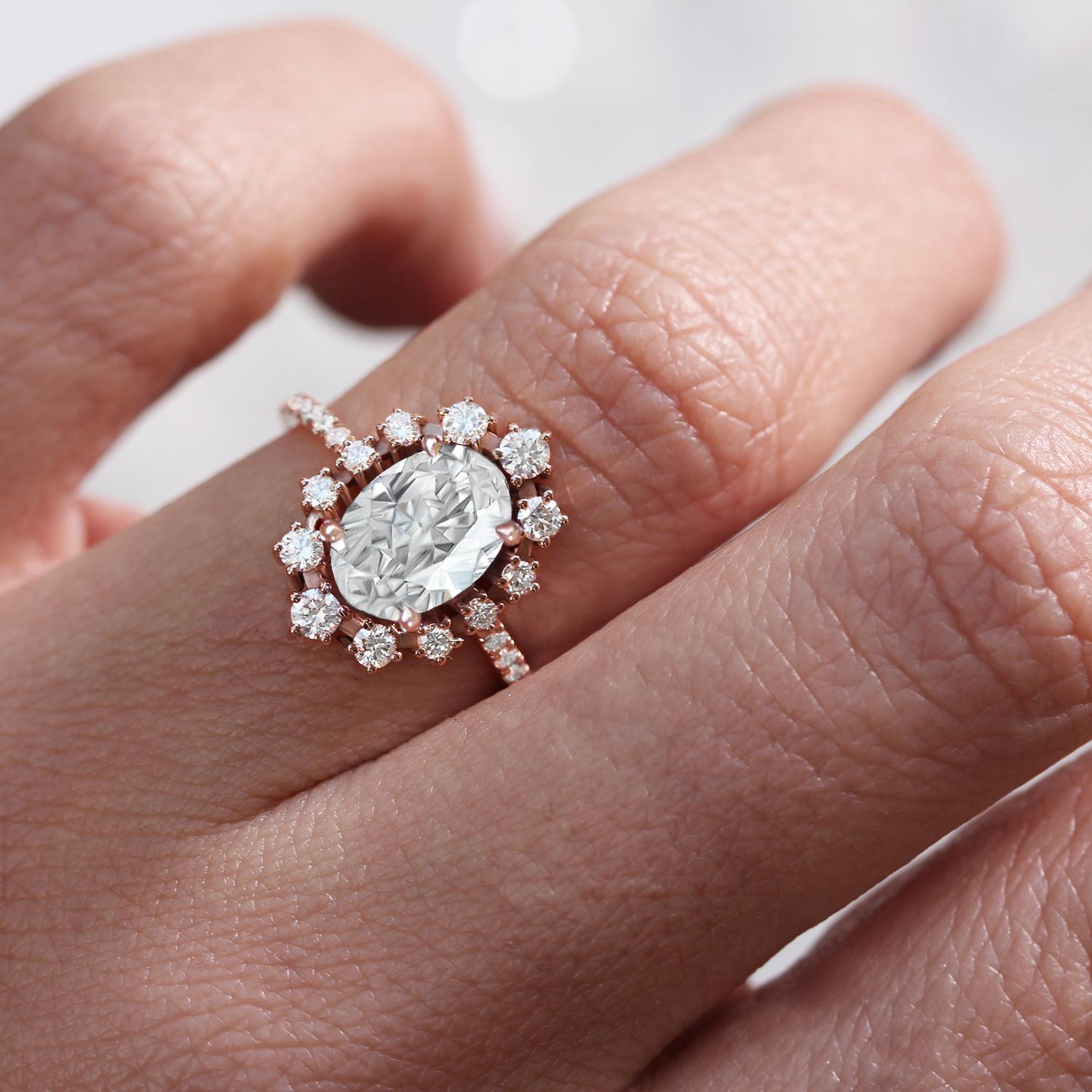 Classic and elegant. Unique oval Moissanite engagement three ring set - Glory.
This list is for the three ring set.
Handmade with care. 
An original design by Silly Shiny Diamonds. 

Details:
* Center stone shape: Oval.
* Center stone type: