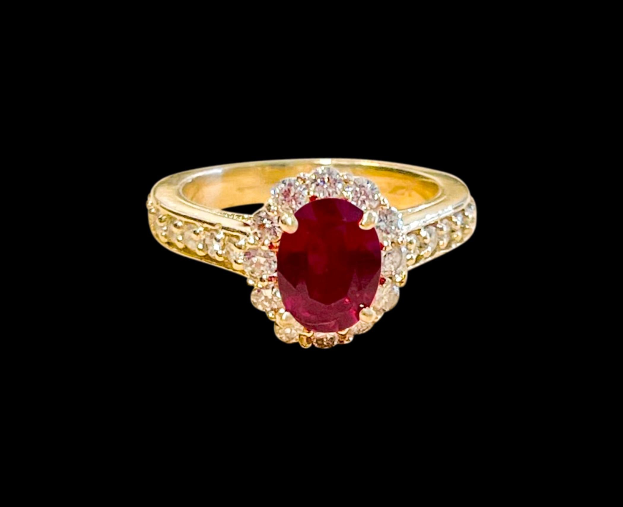 6X8 Oval Cut   Approximately 1.5  Carat Treated Ruby  14  Karat Yellow Gold Ring Size 6.0
Diamond Brilliant cut approximately 1.20 ct , Very Nice quality of diamonds. Diamonds all around the stone and on the band too
Its a treated ruby prong set
14