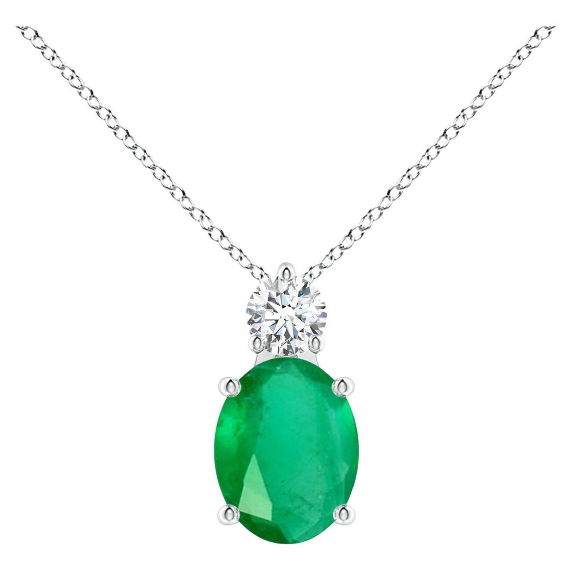 Oval 1.5 ct Emerald Solitaire Pendant with Diamond in 925 Sterling Silver