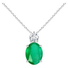 Oval 1.5 ct Emerald Solitaire Pendant with Diamond in 925 Sterling Silver
