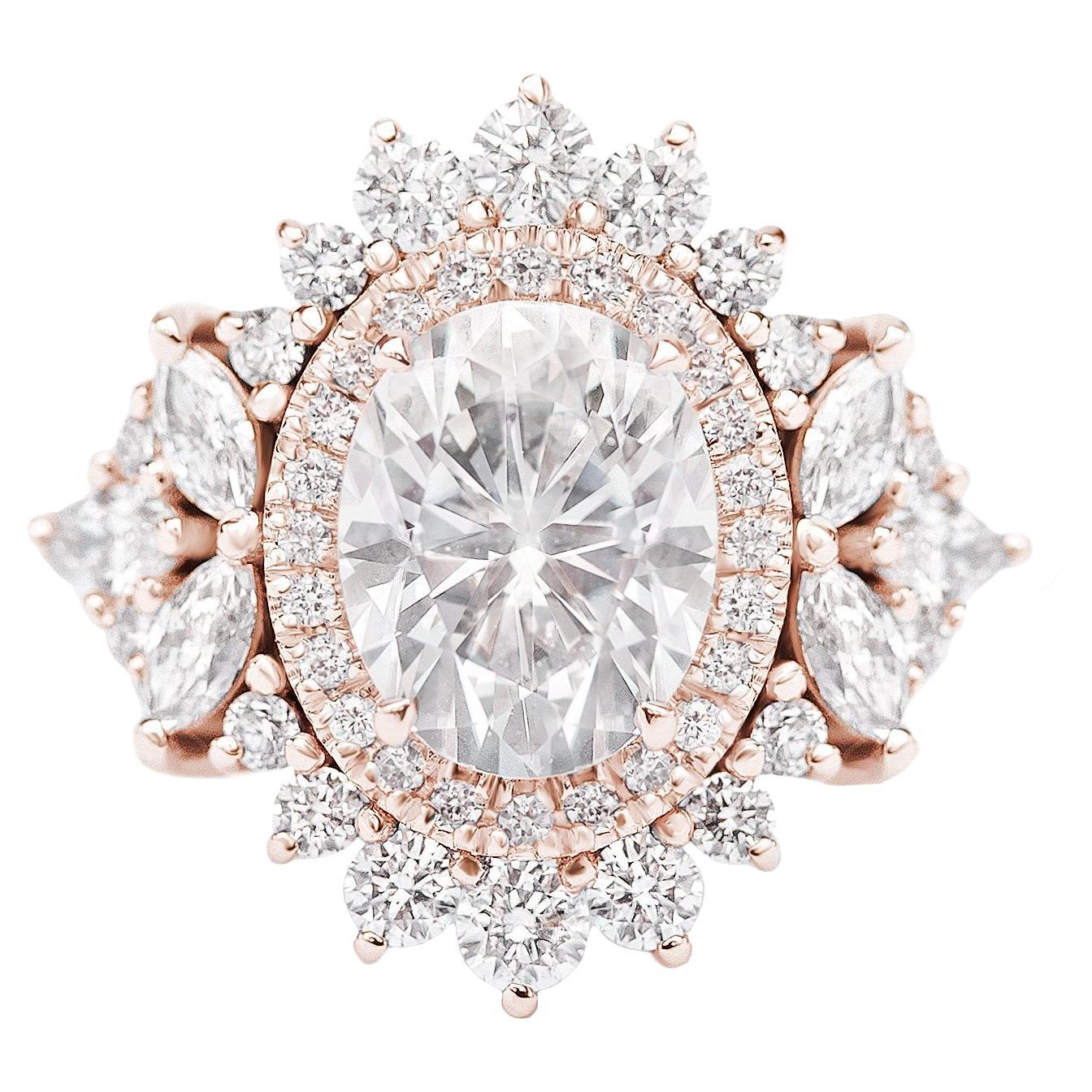 Art deco design, Oval 1.5 carats, Halo Diamond Unique Engagement three rings set - 