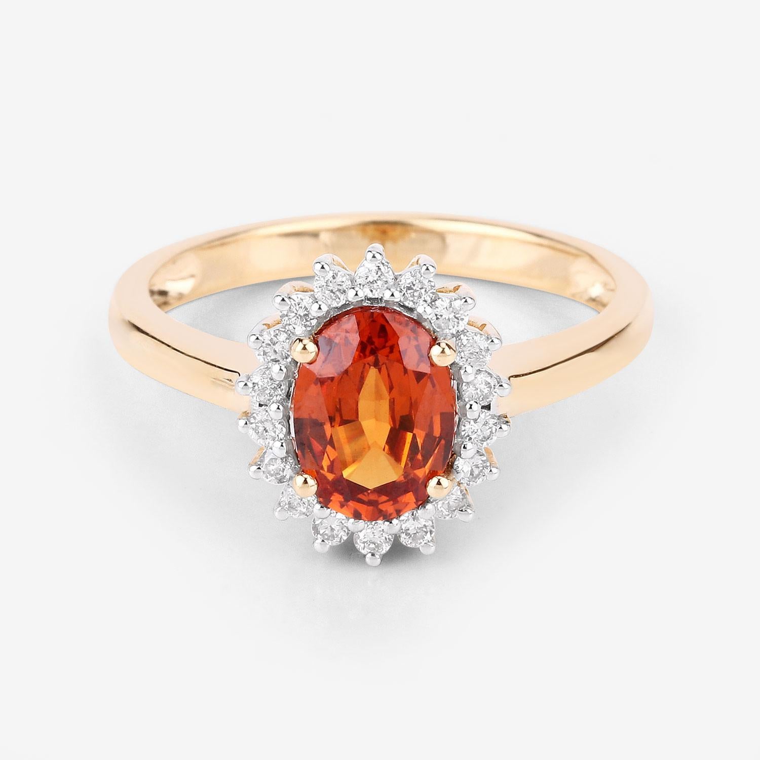 Oval Cut Oval 1.70 Carat Natural Spessartite Garnet & Diamond Halo Ring 14k Yellow Gold For Sale