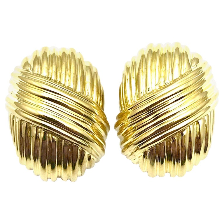 Oval 18 Karat Yellow Gold Textured Dome Button Clip Earrings For Sale ...