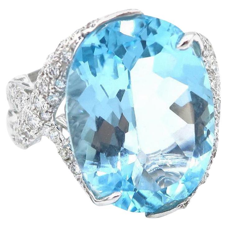 19.94 Carat Oval Blue Topaz Pavé Diamond Swirl 18K White Gold Ring For Sale