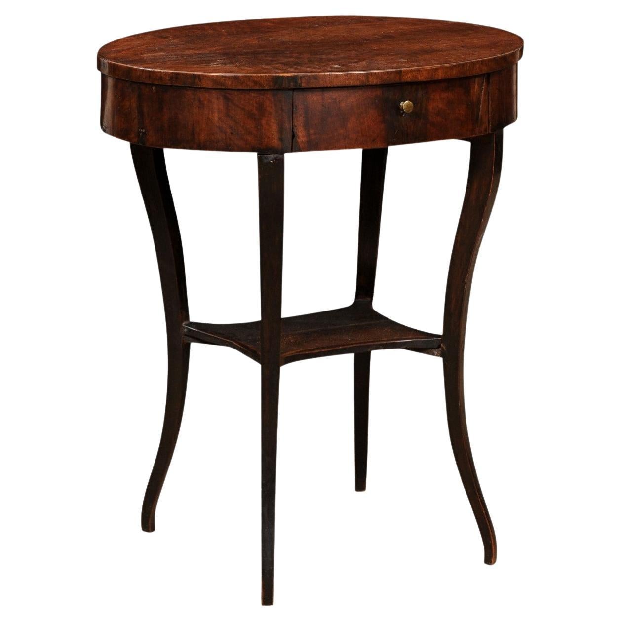 Oval 19th Century Italian Walnut Side Table with Drawer and Splayed Legs