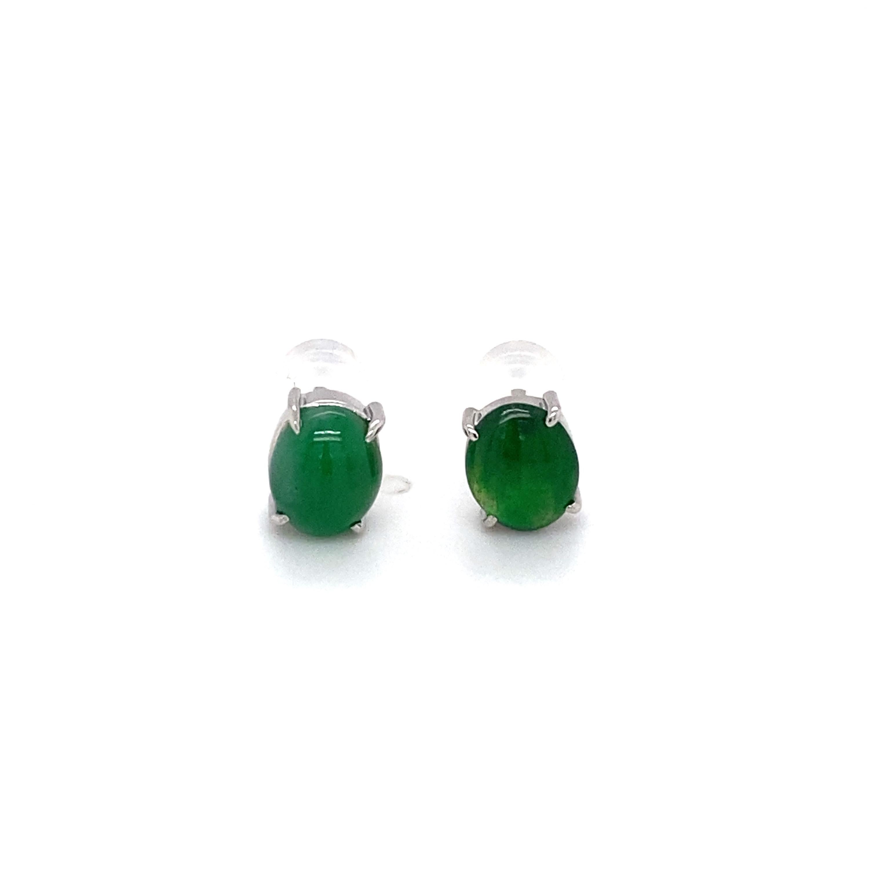 Modern Oval 2.10 Carat Green Apple Jade Cabochon Stud Earrings in Platinum For Sale