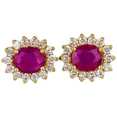 Oval 2.40 Carat Burma Ruby Diamond Halo Stud Earrings 14 Karat Gold Contemporary