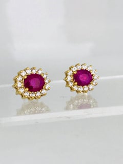 Oval 2.40 Carat Burma Ruby Diamond Halo Stud Earrings 14 Karat Gold Contemporary