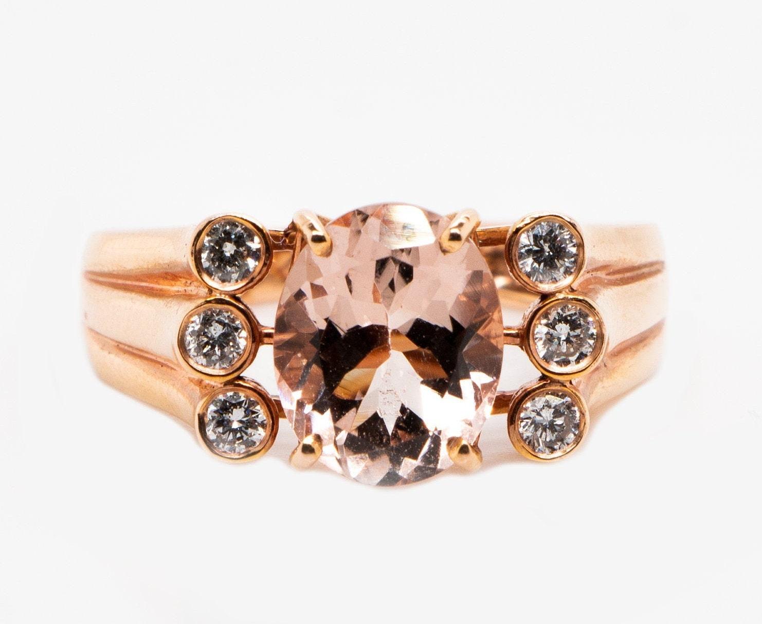 Contemporary Oval 2.40CT Morganite Diamond 14K Rose Gold Engagement Ring For Sale