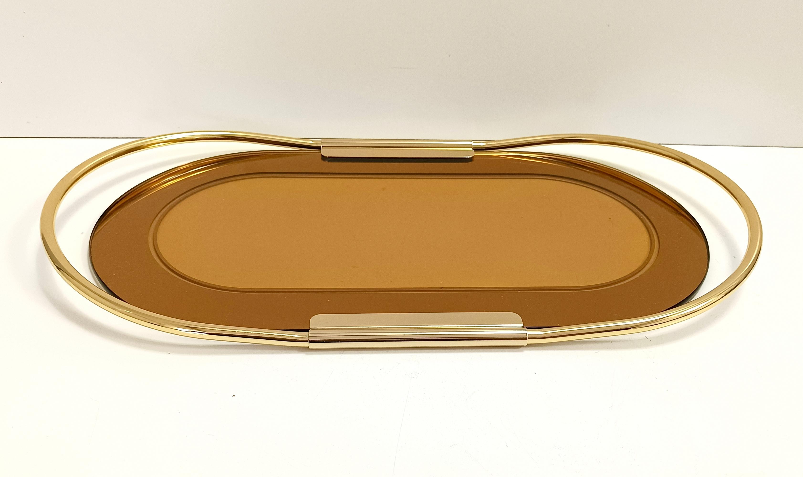 Ovales 24 Karat vergoldetes und bronziertes rosa verspiegeltes Tablett aus Glas von Umberto Mascagni im Zustand „Hervorragend“ im Angebot in Bresso, Lombardy