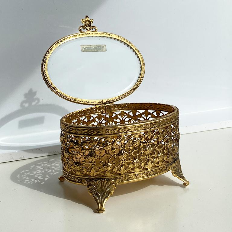 American Oval 24k Gold Plated Pierced Glass Footed Jewelry Box with Lid For Sale