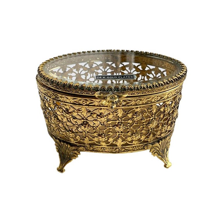 Oval 24k Gold Plated Pierced Glass Footed Jewelry Box with Lid For Sale