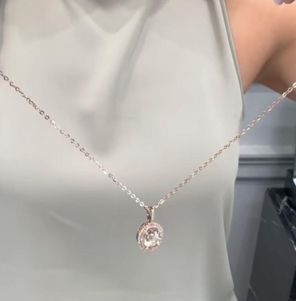 Oval 3.09 Carat Morganite Double Halo Diamonds Pendant Necklace in 14K Rose Gold im Angebot 2