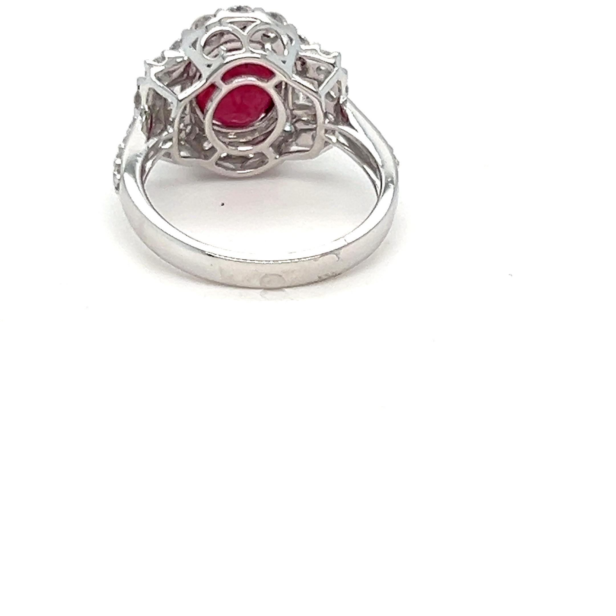 3.65 Carat Oval Cut Ruby and Diamond White Gold Ring For Sale 2