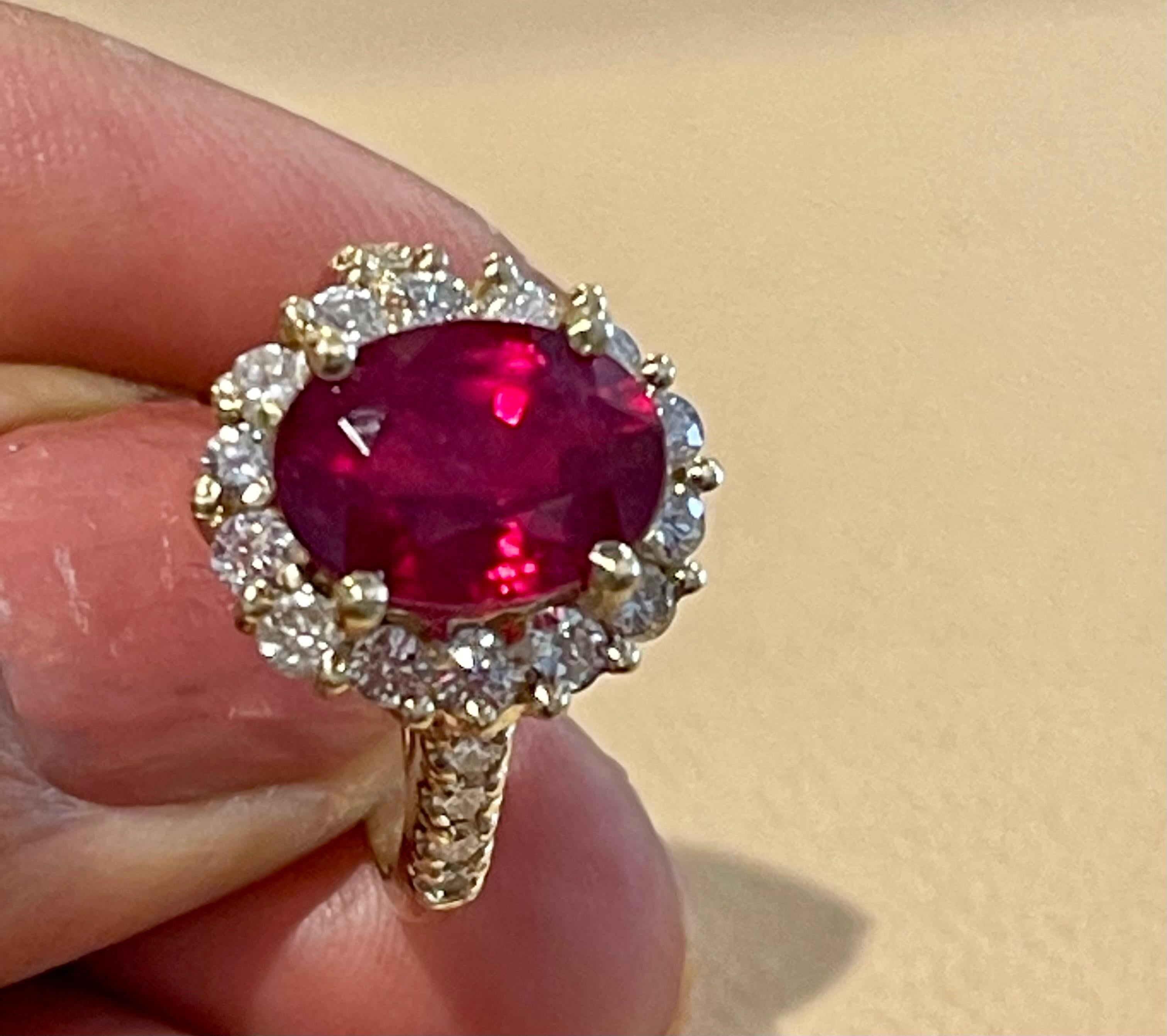 Oval 5 Carat Treated Ruby and 1.25 Carat Diamond 14 Karat Yellow Gold Ring 3