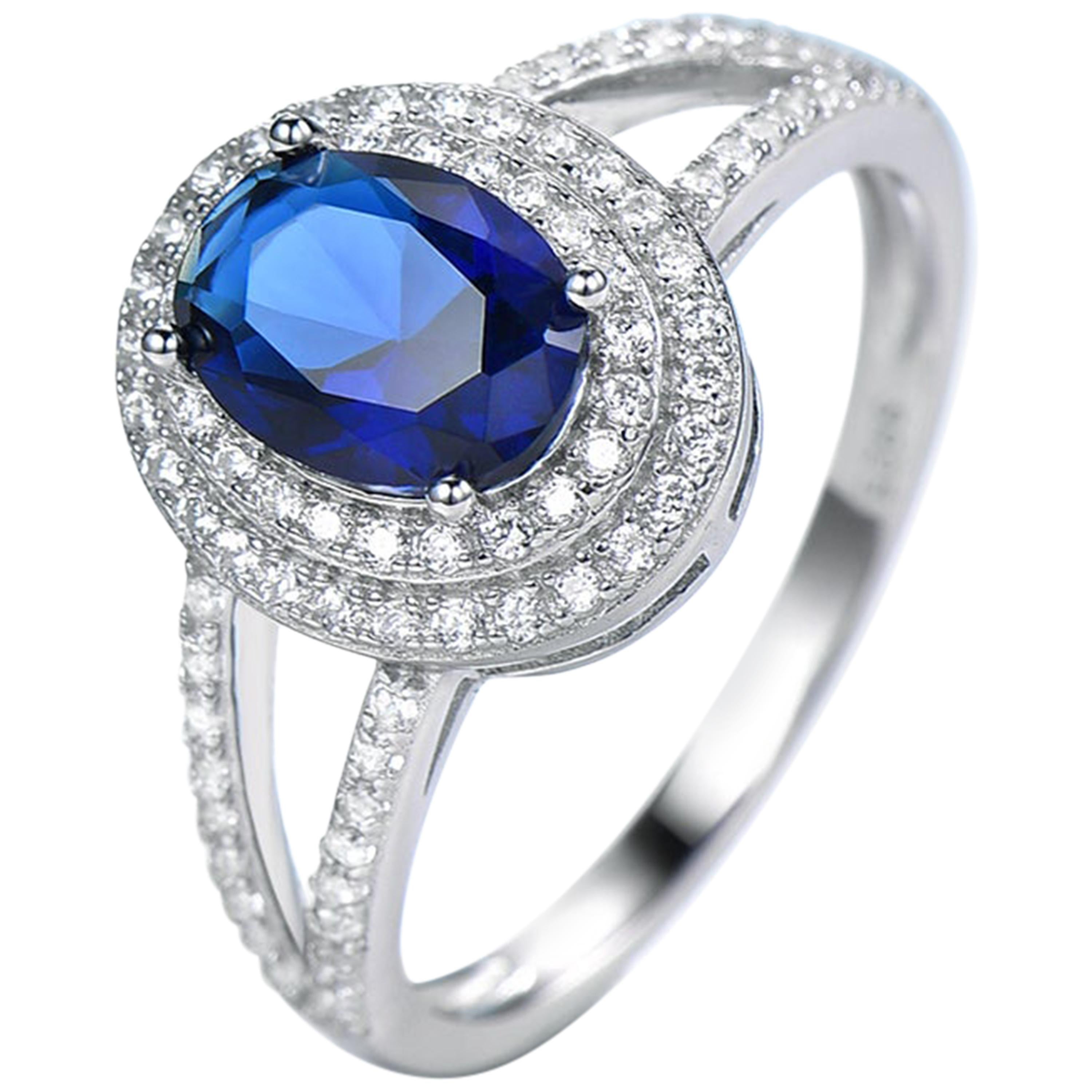 Oval 6 x 8 Sapphire Blue Cubic Zirconia Double Halo Split Shank Silver Ring For Sale