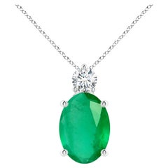 Oval 7.25 ct Emerald Solitaire Pendant with Diamond in 925 Sterling Silver