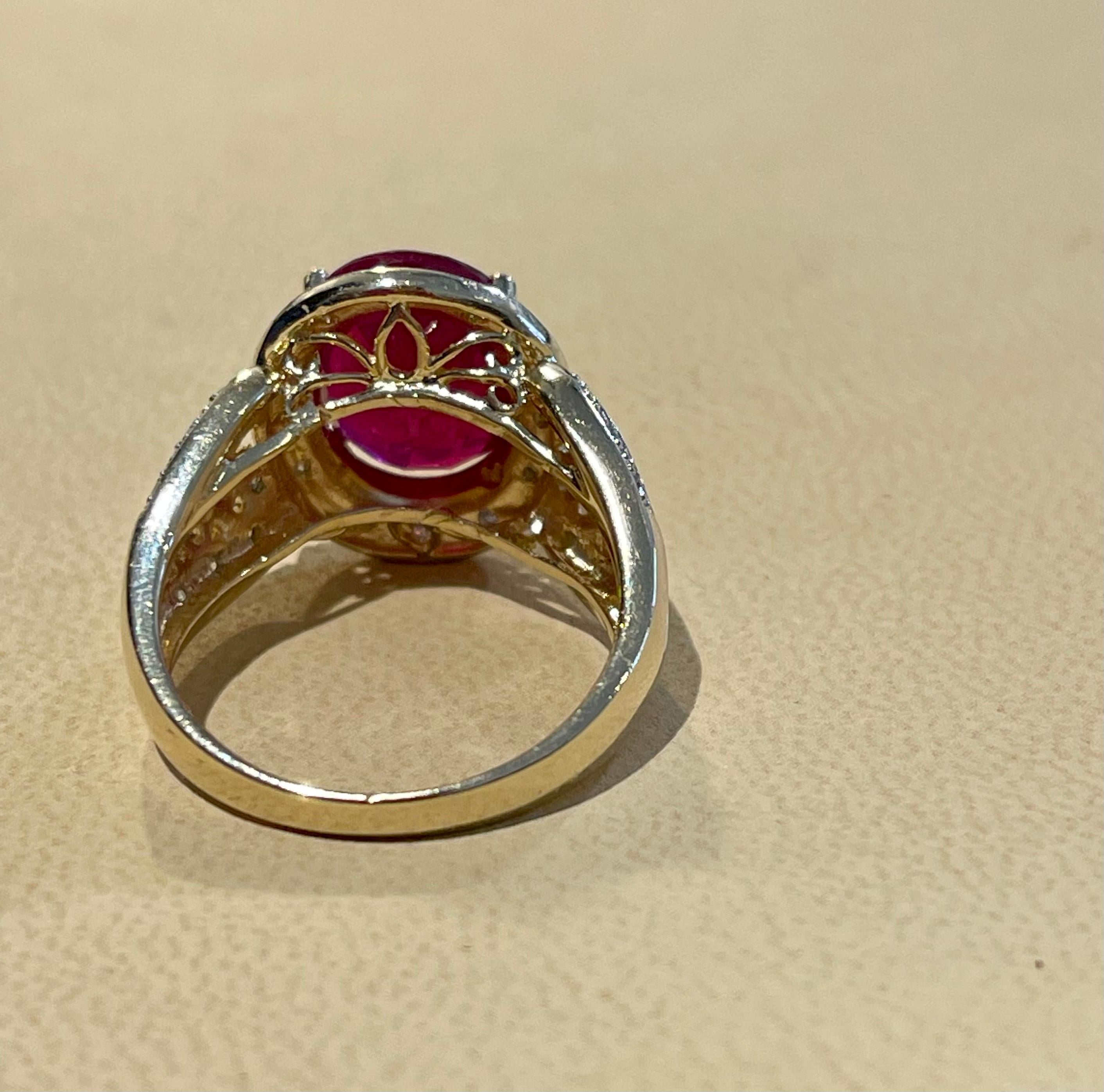 Oval 7.5 Carat Treated Ruby and 1 Carat Diamond 14 Karat Yellow Gold Ring For Sale 4