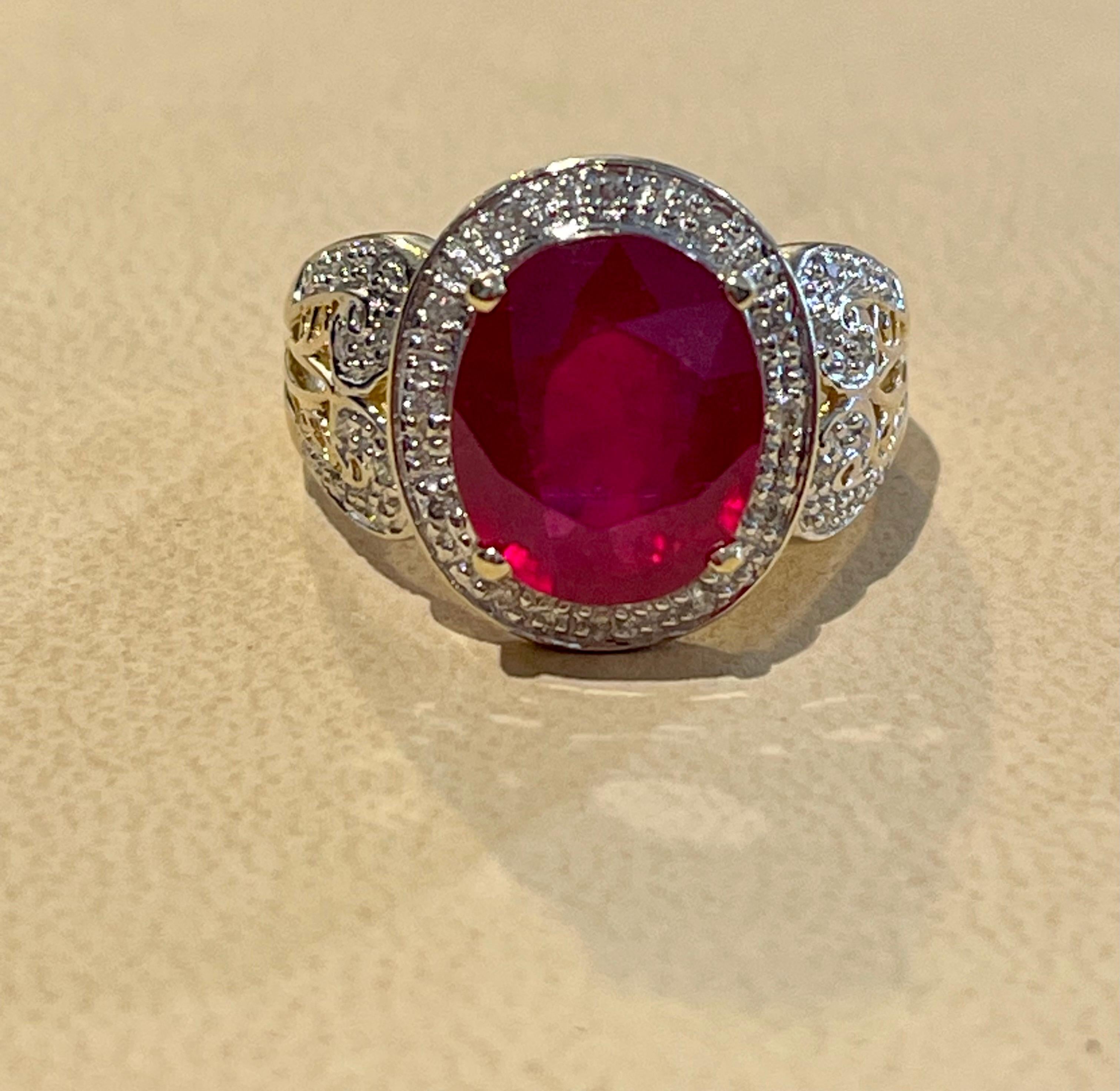 Oval 7.5 Carat Treated Ruby and 1 Carat Diamond 14 Karat Yellow Gold Ring For Sale 10