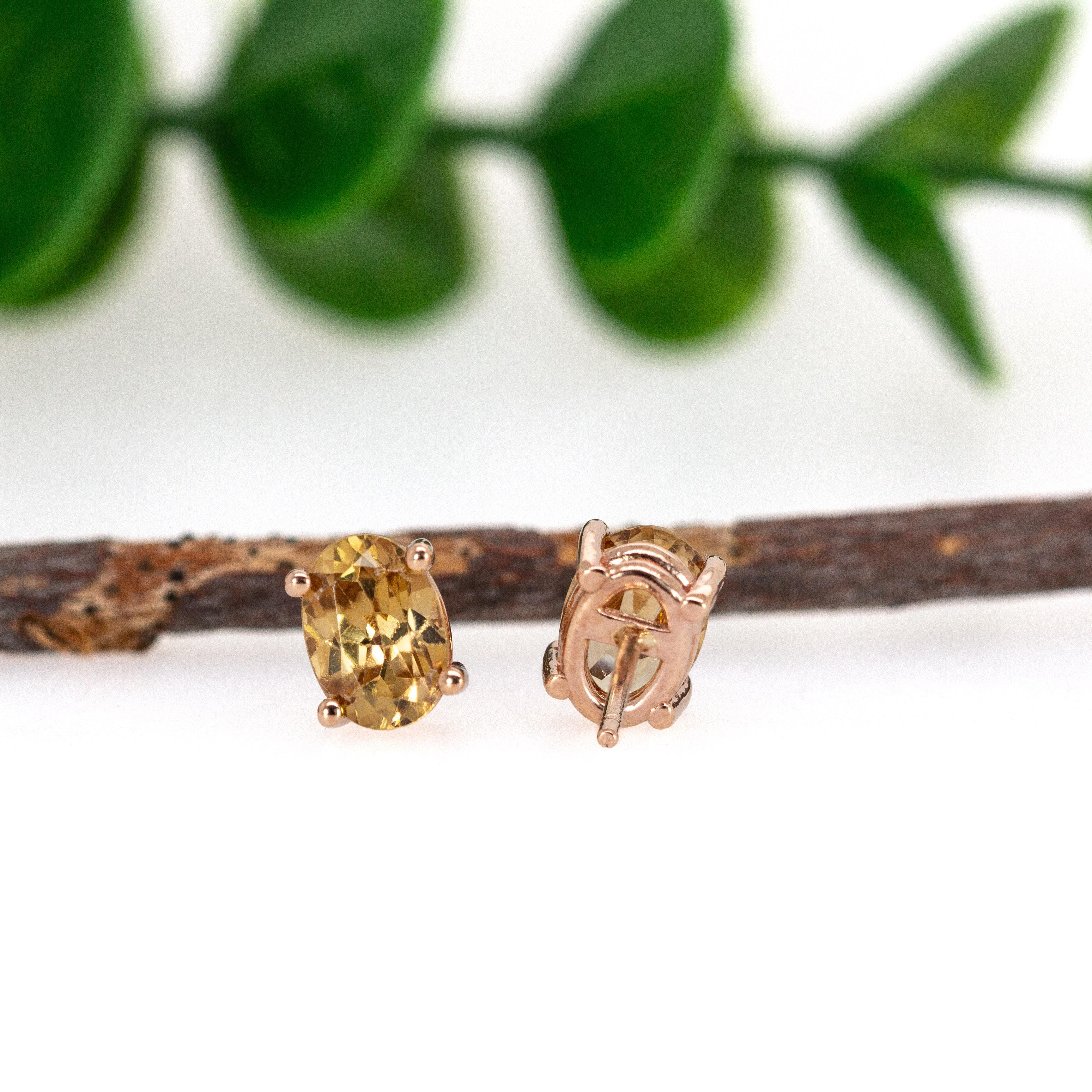 Ovale 7x5mm - Champagner Zirkon Solitär Ohrstecker in massivem 14K Gold (Ovalschliff) im Angebot