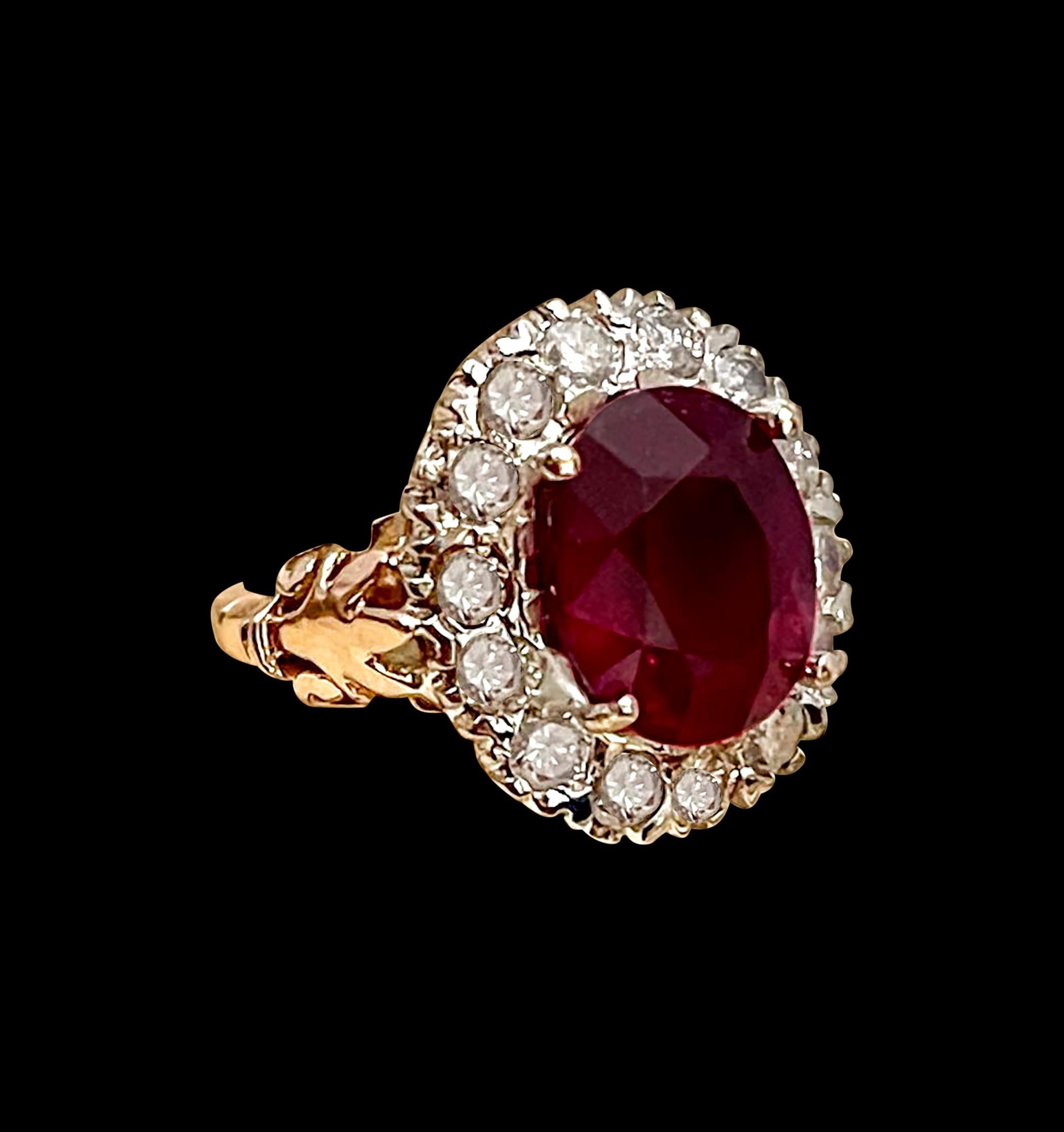 12X10  Oval Cut   Approximately 8.61 Carat Treated Ruby  14  Karat Rose gold and white Gold Ring Size 7.5
Diamond Brilliant cut approximately 1 ct , 
Its a treated ruby prong set
14 Karat Rose Gold: 8.0 gram with stone
Ring Size 7.5 ( can be altered